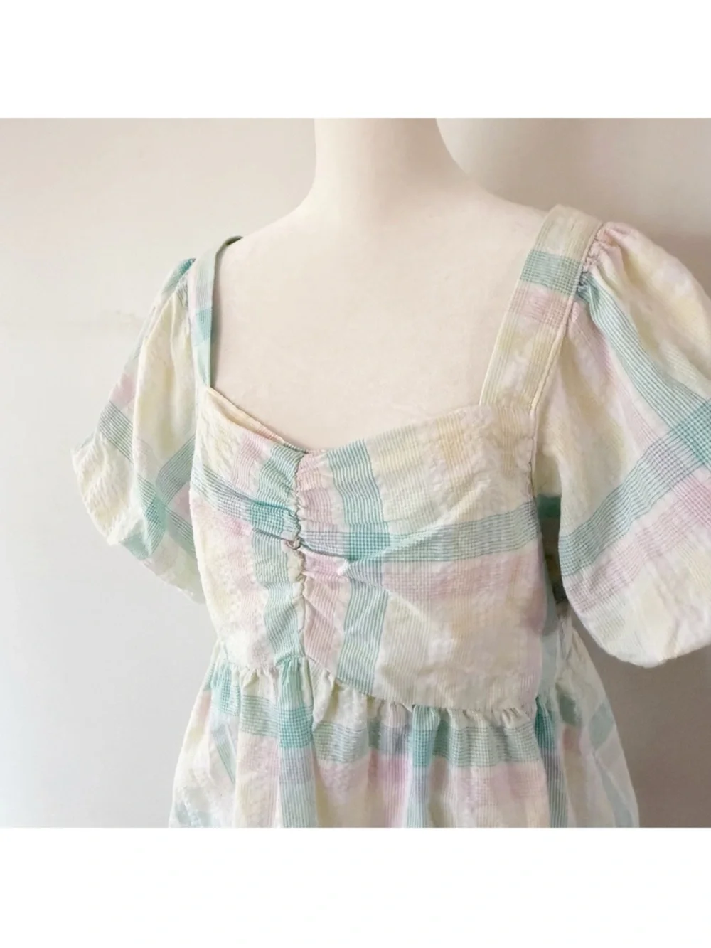 Old Navy Women Pastel Plaid Puff Sleeve Top Large Tall Peasant Cottage Milkmaid